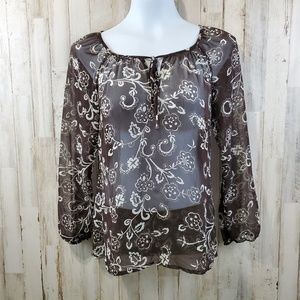 5/$25 Ann Taylor LOFT Womens Top 2P Brown Floral Sheer Tie Neck V9